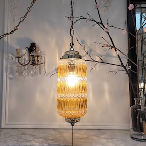 Vintage Plug in Amber Film Glass Swag Lamp Pineapple Cut Glass