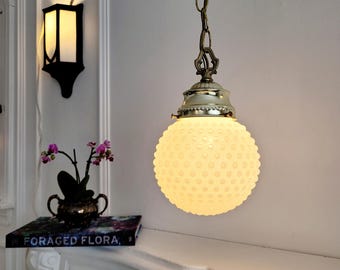 Vintage White & Gold Swag Pendant Light, Hollywood Regency, Ornate Textured Dotted Milk Glass Globe, Brass, Mid-century, Hobnail Lantern