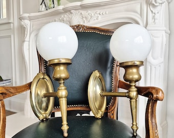 PAIR Large Antique Sconces, Brass Wall Lights, Torch Lantern, White Glass Globe, Victorian, French Empire, Spanish, Patina, Matching Set