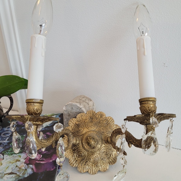 Vintage Brass & Crystal Double Sconce, Ornate Gold, Victorian Rococo Wall Lamp, Art Deco Art Nouveau, Gothic Spanish, Gold Flowers