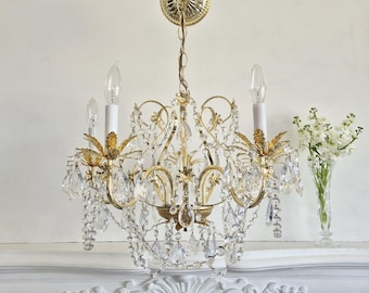 Large Vintage Chandelier, French Empire, Gold Leaves, Flowers & Crystals, Art Deco Art Nouveau, Victorian,Bright Brass Finished, Botanical