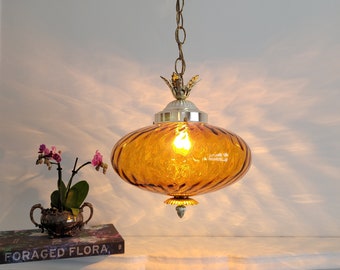 Vintage Amber Glass Pendant Light,  Mid-Century Modern Atomic Saucer Light, MCM, Hollywood Regency Palm Frond Crown Light, Pattern Casting