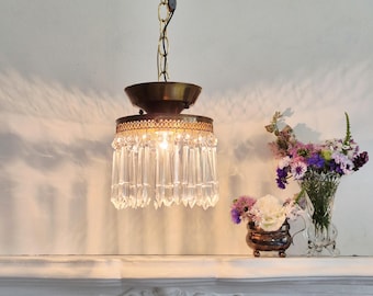 Vintage Small Semi Flush Mount Chandelier, Ornate Gold Light, Hanging Crystals, Filigree Crown Light, French Empire, Art Deco Art Nouveau