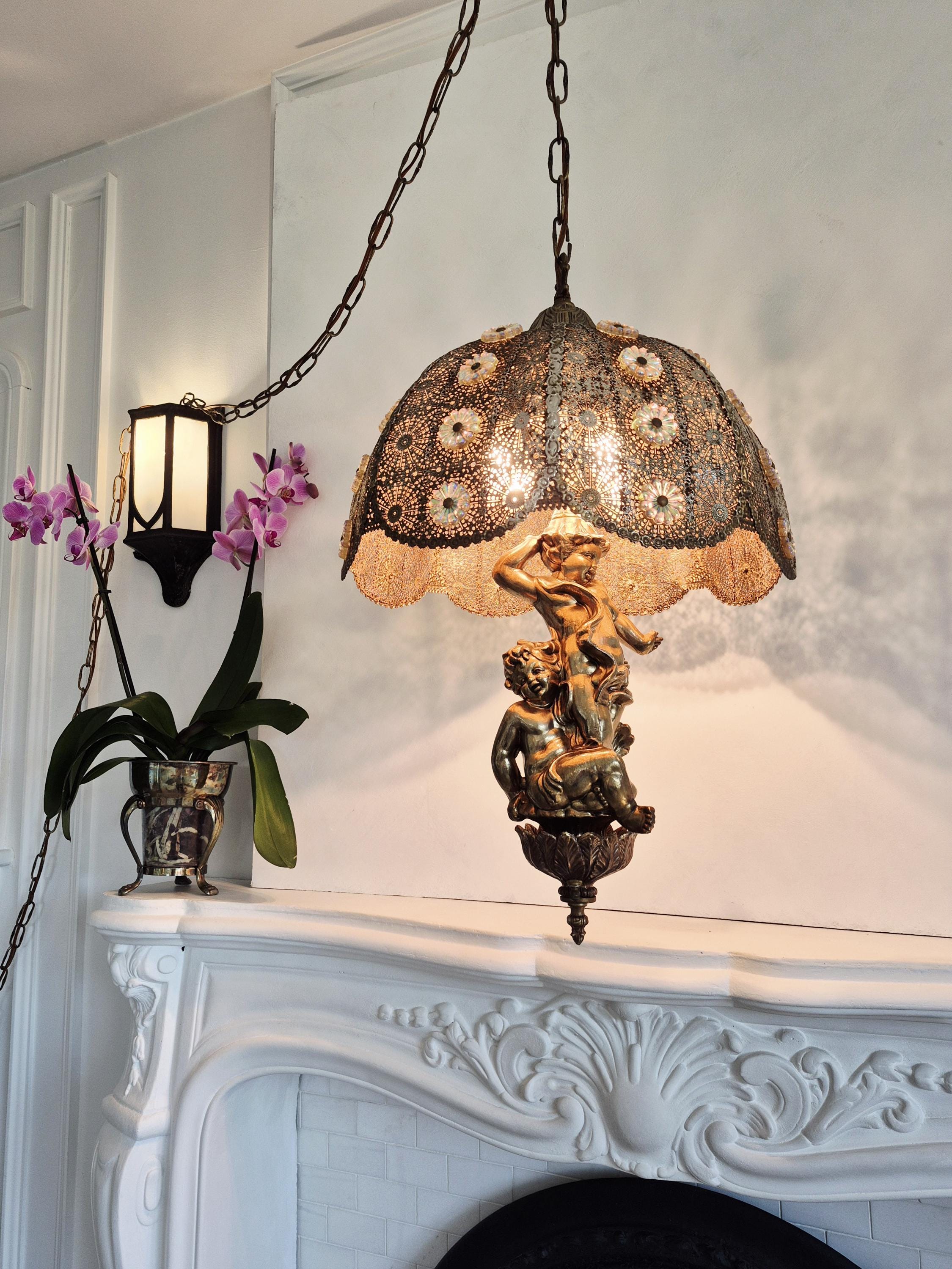 Vintage Plug-in Swag Lamp, Ornate Gold Hollywood Regency Cherub