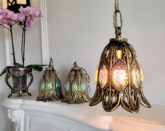 2 Available (Sold Separately) Vintage Brass Pendant, Mid-century Flower Light, Hollywood Regency Irridescent Blue, Green, Yellow, Pink Glass