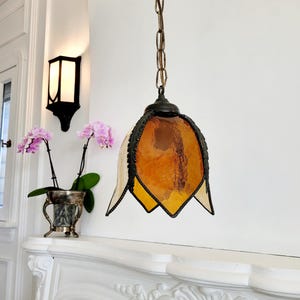 2 Available (Sold Separately), Vintage Stained Glass Petal Light, Amber Glass Tulip Pendant, Ornate Victorian, Art Deco, Marble Glass