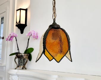 Vintage Stained Glass Petal Light, Amber Glass Tulip Pendant, Ornate Victorian, Art Deco, Marble Glass