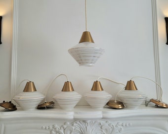 5 Available, Sold Separately: Vintage MCM Pendant Light Fixture, Mid-Century Modern, Atomic Saucer Light, Gold Striped White Globe Light