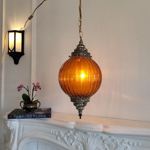 Vintage Pendant Swag Light, Mid-century Modern Amber Film Hanging