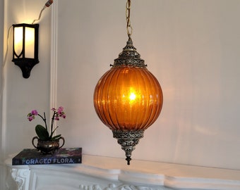 Vintage Pendant Swag Light, Mid-Century Modern Amber Film Hanging Lantern, Ribbed Textured Glass Globe, MCM, Ornate Silver Hollywood Regency