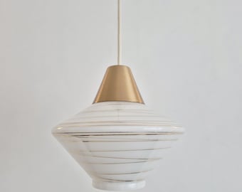 2 Available (Sold Separately) Vintage MCM Pendant Light Fixture, Mid-Century Modern, Atomic Saucer Light, Gold Striped White Globe 1960's
