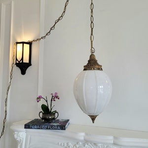 Large Vintage Plug-in Swag Lamp, Art Deco Ornate Gold Brass, White Glass Globe, Hollywood Regency Hanging Lantern, Victorian, Textured Glass