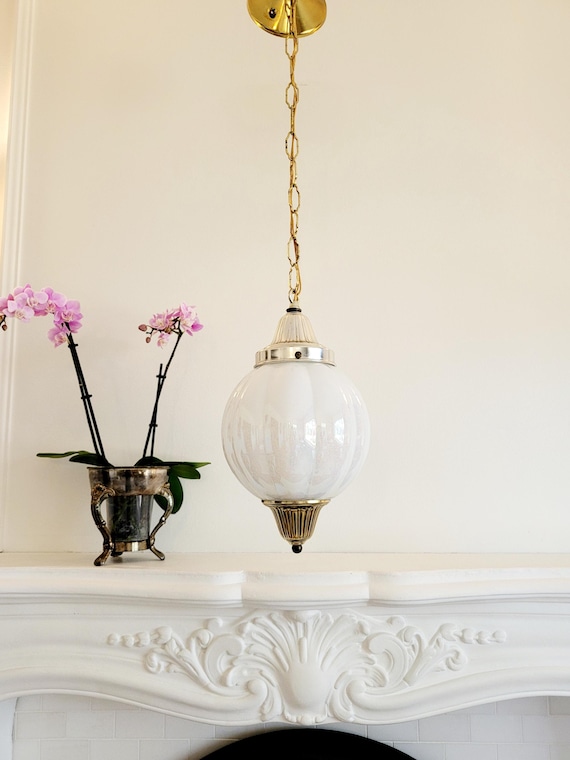 Vintage Pendant Light, Art Deco, Hollywood Regency, Ribbed White Opalescent Carnival Glass Globe, Ornate Gold Fixture, Mid-Century MCM