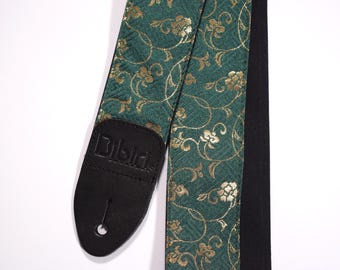 Japanese Canvas (Hanpu) Guitar Strap, Kyoto Kinran Brocade, Ivy arabesque pattern, green, Japanese pattern