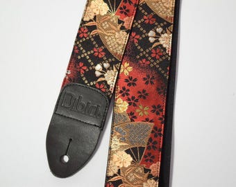Japanese Canvas (Hanpu) Guitar Strap, Kyoto Kinran Brocade, Sakura & Ougi Pattern, Red, Japanese Pattern