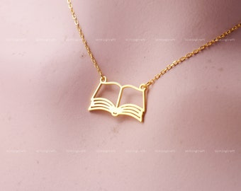 Collana a forma di libro, collana a forma di libro aperto, regalo per amanti dei libri, regalo per topi di biblioteca, collana in argento sterling 925, argento, oro, oro rosa, N1025