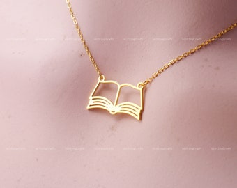 Book Necklace, Open Book Necklace, Book Lover Gift, Bookworm Gift, 925 Sterling Silver Necklace, Silver, Gold, Rose Gold, N1025