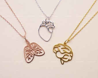 Human Organ Necklace, Anatomic Brain, Heart, Lung, Kidney, Liver, 925 Sterling Silver Necklace, Silver, Gold, Rose Gold, N1006