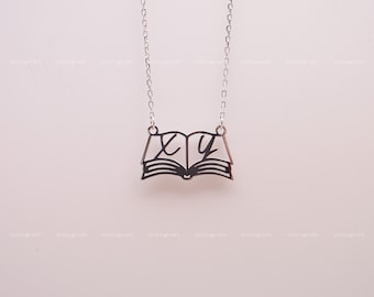 Book Necklace, Open Book Necklace, Book and Initial Necklace, 925 Sterling Silver Necklace, Silver, Gold, Rose Gold, N2033