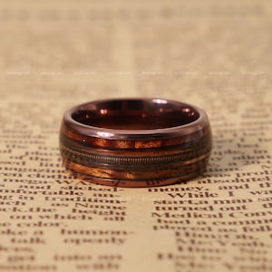 Guitar String Ring, Whiskey Barrel Wood Band, Tungsten Wedding Band, Mens Wood Wedding Band, Musician Gift, Rustic Ring, Comfort Fit, T1005