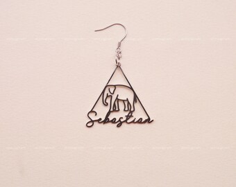 Personalized Elephant Earrings, Animal in Triangle, Custom Name Earrings, 925 Sterling Silver Earrings, Silver, Gold, Rose Gold, E2004