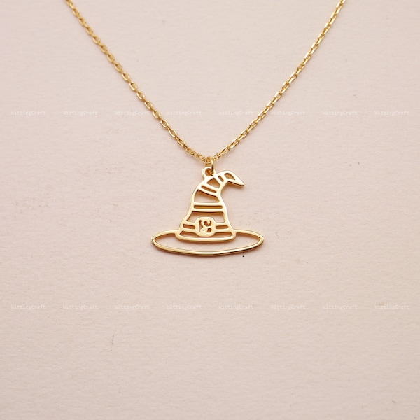 Witch Hat Necklace with Initial, Witch Hat Charm, Custom Halloween Necklace, 925 Sterling Silver Necklace, Silver, Gold, Rose Gold, N2030