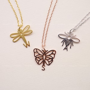 Colar personalizado de animais e insetos com letra, delicado e minimalista, colar de prata esterlina 925, prata, ouro, ouro rosa, N2003