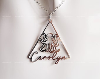 Octopus Necklace with Name, Personalized Octopus Pendant, Animal in Triangle, 925 Sterling Silver Necklace, Silver, Gold, Rose Gold, N2004