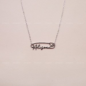 Sicherheitsnadel Halskette mit Name, Personalisierte Namen Halskette, Zierliche Halskette, 925 Sterling Silber Halskette, Silber, Gold, Rose Gold, N2025