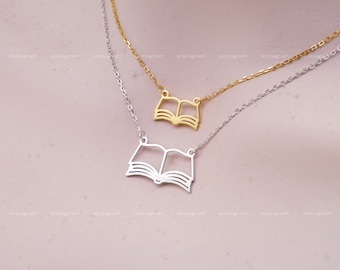 Book Necklace, Two Sizes Open Book Necklace, Book Lover Gift, Bookworm Gift, 925 Sterling Silver Necklace, Silver, Gold, Rose Gold, N1047