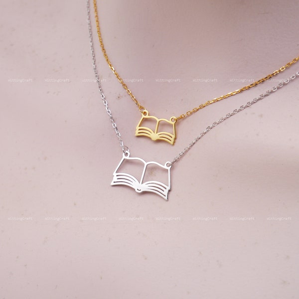 Book Necklace, Two Sizes Open Book Necklace, Book Lover Gift, Bookworm Gift, 925 Sterling Silver Necklace, Silver, Gold, Rose Gold, N1047