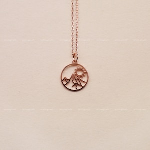 Mountain Sun Necklace, Outdoor Hiking, Travel, Adventure Awaits, 925 Sterling Silver Necklace, Silver, Gold, Rose Gold, N1015