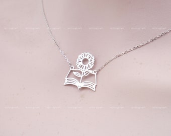 Book Necklace, Birth Flower Necklace, Sunflower Necklace, Book Lover Gift, 925 Sterling Silver Necklace, Silver, Gold, Rose Gold, N1034