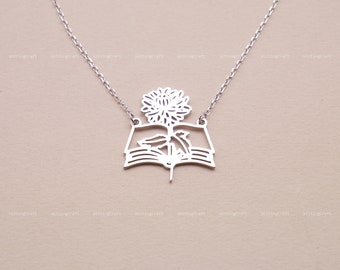 Book Necklace, Birth Flower Necklace, Book Lover Birthday Gift, 925 Sterling Silver Necklace, Silver, Gold, Rose Gold, N1034