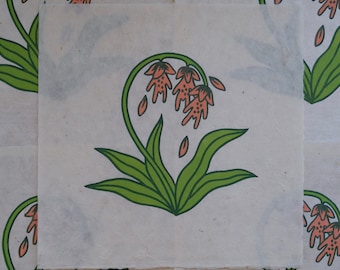 May include: A hand-drawn illustration of a single pink flower with green leaves on a white background. The flower has five petals and is surrounded by smaller green leaves.