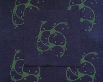 May include: A dark blue background with five green abstract shapes. Each shape has a series of white dots inside.