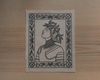 May include: Black and white line art print of a person wearing a crown of leaves and armor. The print is framed with a decorative border of leaves and flowers.