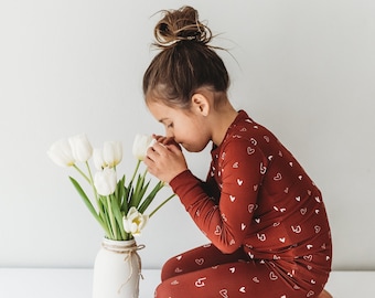 Lena Love (Hearts) | 2-Piece Bamboo PJs | Hand Drawn Heart Print | Sienna/Rust/Brown