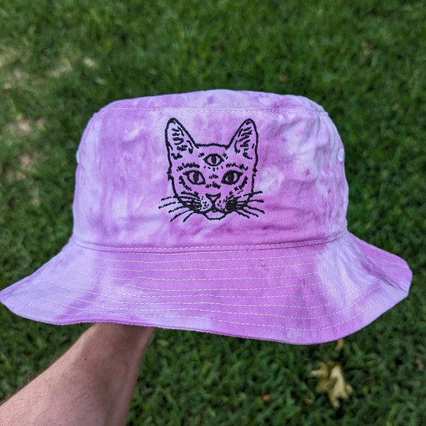 Third Eye Cat Tie Dye Bucket Hat - Trippy Cat Hat Rave Festival Outfit - Psychedelic Bucket Hat Tie Dye Rave Outfit Rave Hat Rave Cat Gift