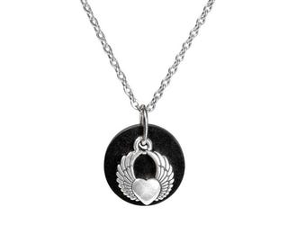 Angel Wing Shungite Pendant on a Long Stainless Steel Necklace