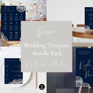 May include: A wedding template bundle pack with a disco ball theme. The pack includes a seating chart, a drinks menu, a menu, and a welcome sign. The signs are navy blue with silver glitter disco balls.