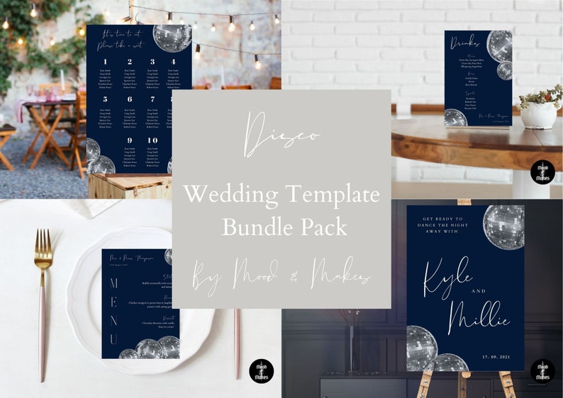 May include: A wedding template bundle pack with a disco ball theme. The pack includes a seating chart, a drinks menu, a menu, and a welcome sign. The signs are navy blue with silver glitter disco balls.