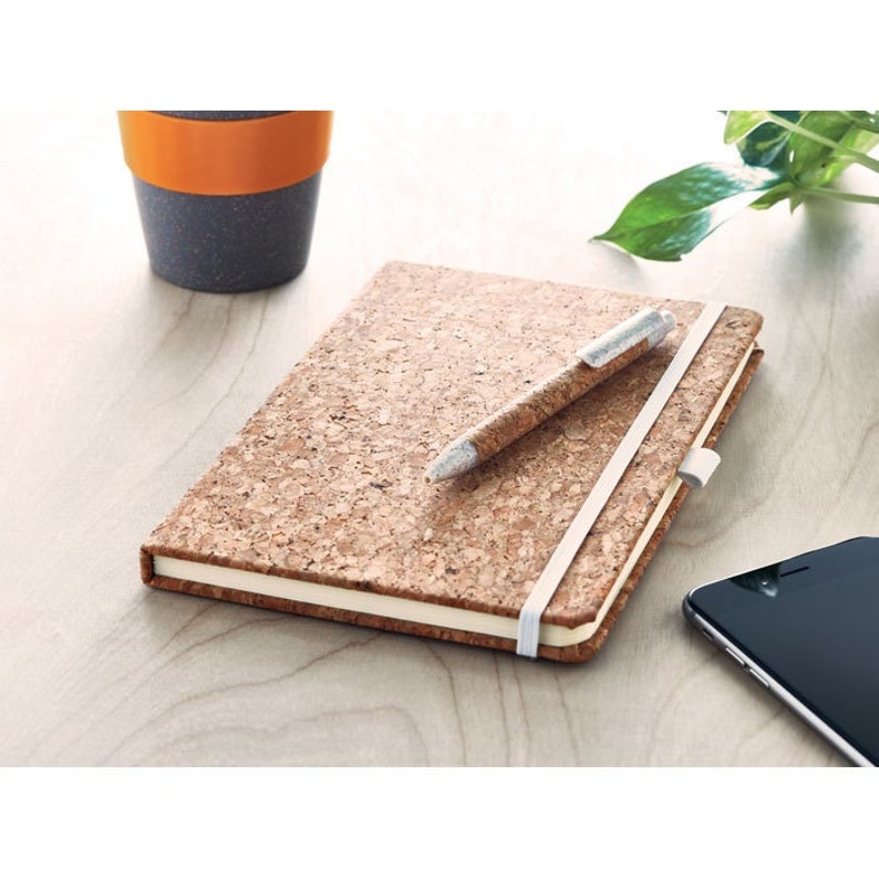 A5 cork cover notebook with lined paper and pen with cork barrel. image 1