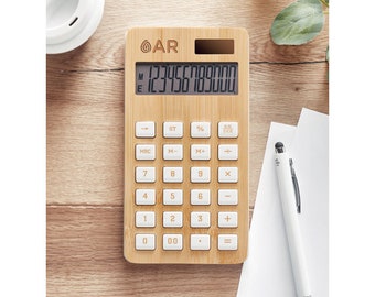 12 digit calculator with dual power in ABS with a bamboo wooden case.