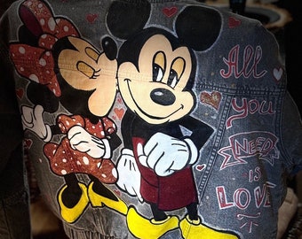 Customized Mickey&Minnie “All you need is Love” Denim Jacket Hand painted.