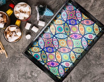 Colorful Mosaic Tray, Handmade Wooden Breakfast Platter, Boho Tea Coffee Holder, Kitchen Serveware Gift