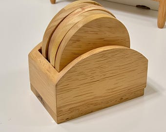 Handgemaakte houten onderzetterset met houder • Rustiek tafeldecor