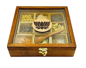 Lotus Engraved Wooden Spice Box: 9-Section Masala Organizer