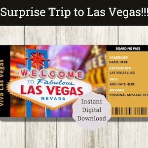 Printable LAS VEGAS (Surprise Trip!) Gift Certificate. Boarding Pass. Vacation Trip Ticket. Instant Download. Downloadable & Editable PDF