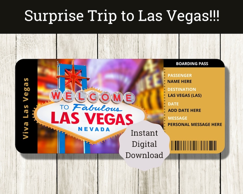 Printable LAS VEGAS surprise Trip Gift Certificate. Boarding Pass